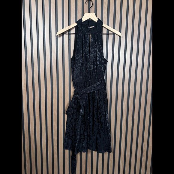 New Anthropologie Dress XS Black Halter Woven Velvet Leopard Print Midi Belted - Picture 1 of 8